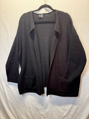 Old Money Classic EILEEN FISHER Open Front Black Cardigan Loose Knit Boxy Fit